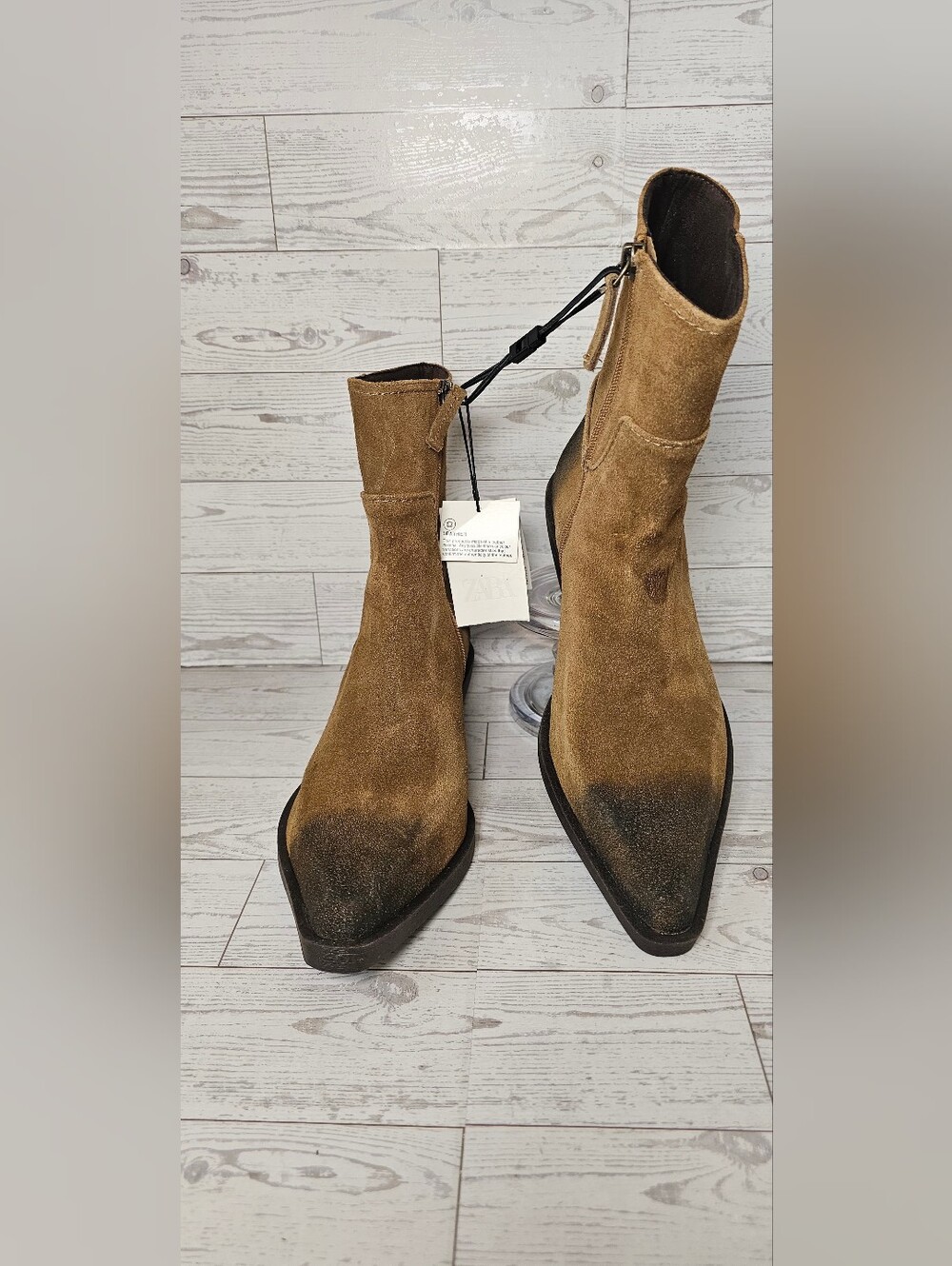ZARA Women's Genuine Leather Western Ankle Boots - Tan / Brown Suede (Size EUR 3
